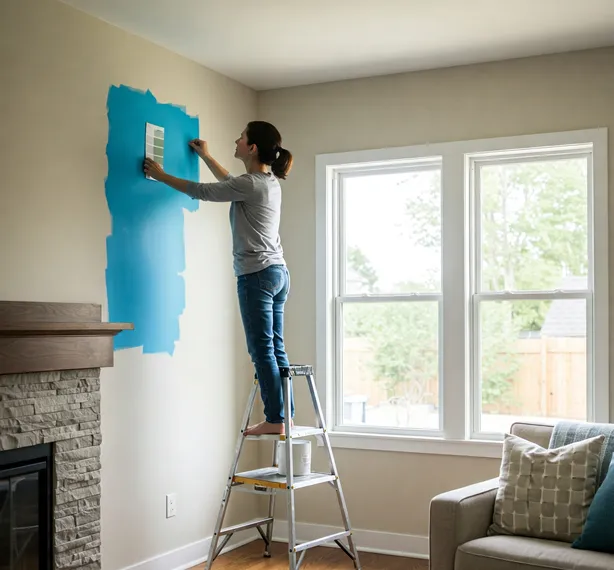 Homeowner using a paint sample swatch on the wall to test paint color